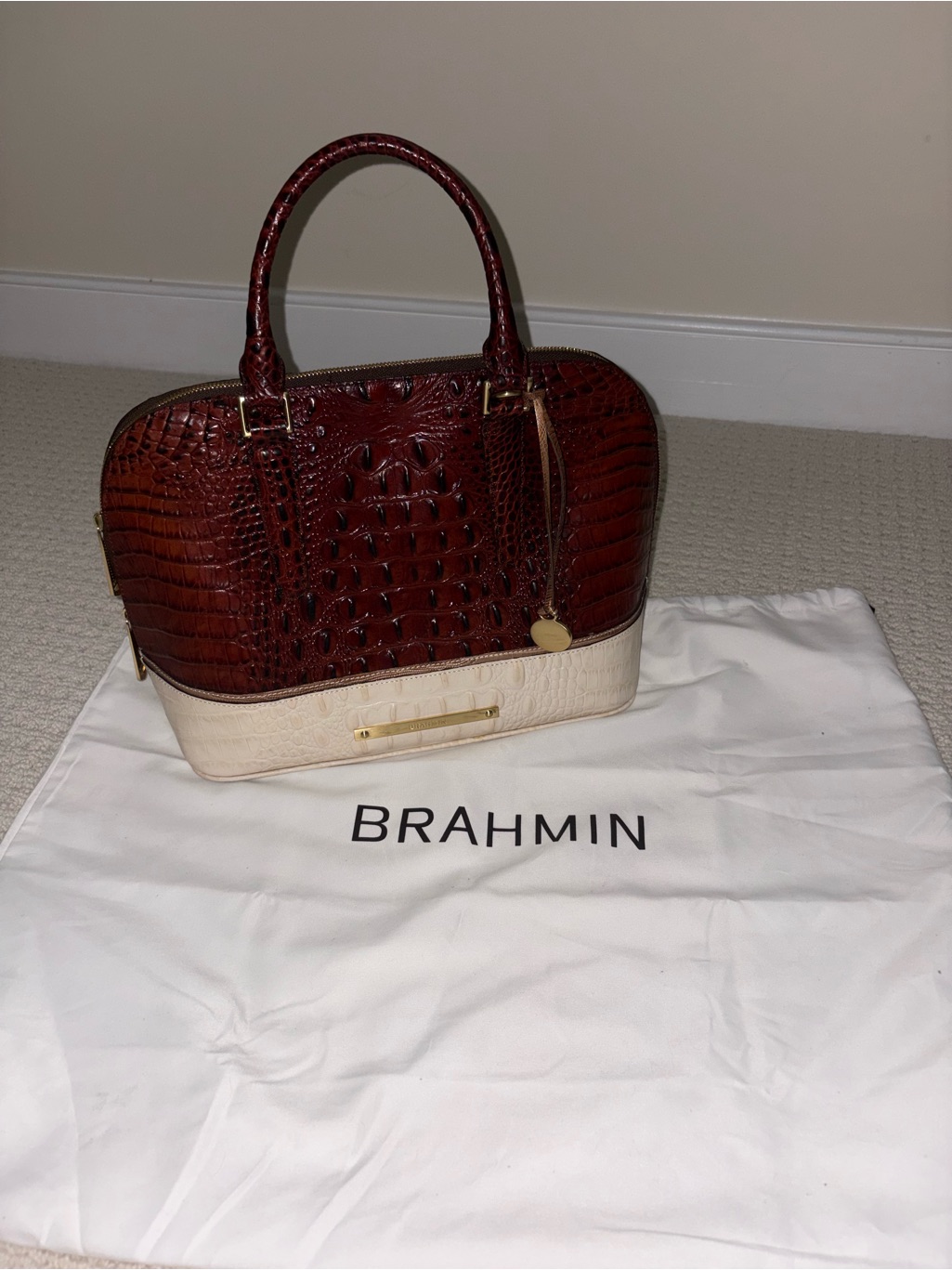 Brahmin Two-Tone Croc-Embossed Satchel In Burgundy And Cream